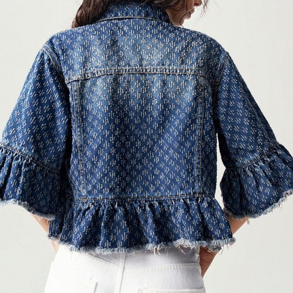 Dark Wash Button up Loose Fit Ruffle Hem Jacket - Picture 3 of 7